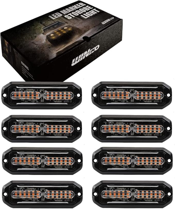WINECO Amber led strobe lights for trucks 8pcs 12-LED Surface Mount Flashing Strobe Lights kit for Trucks Car Vehicles LED Mini Grille Grill Strobe Light Head Emergency Hazard Warning lights