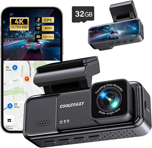 COOLCRAZY 4K Dash Cam Front, Built-in WiFi GPS, Dash Camera for Cars, 3.2" IPS Screen Dashcam with App Control, Free 32G Card, 170°Wide Angle, 24H Parking Mode, WDR, Night Vision, G-Sensor