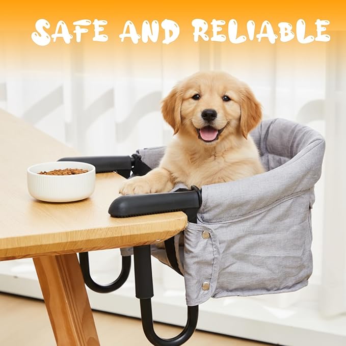 Soaoo Dog High Chair for Table, Cat Desk Perch, Pet Feeding Booster, Seat Attach to Table, Hook on High Chair Portable & Foldable for Home and Travel (Small Dogs/Cats)(Grey)