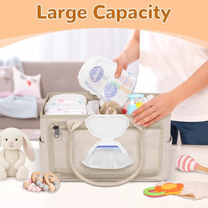 Diaper Caddy with Wipe Dispenser One-Handed Access, Premium Diaper Organizer, Portable Car Organizer Nursery Basket for Newborn Essentials, Baby Registry Must Haves for Boys & Girls, Beige