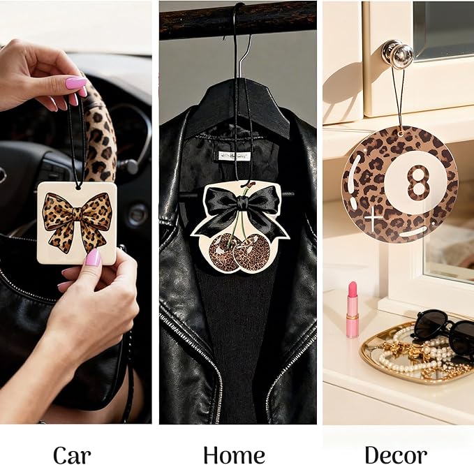 Leopard Print 5pcs Car Air Freshener Bow Coquette Cheetah Print Car Accessories Automotive Interior Hanging Scents Mirror Decor for Women Teen Girls Black