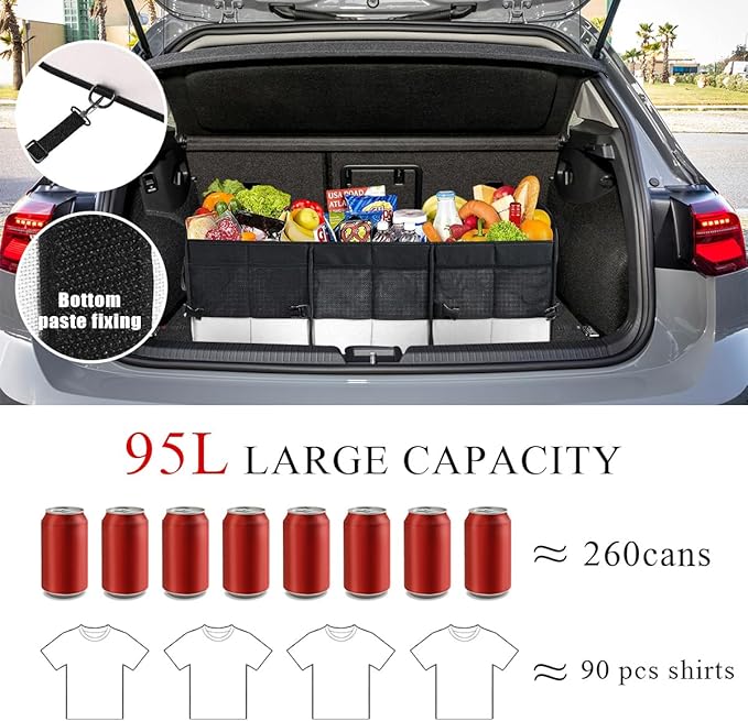 Large Organizer for Car, 95L Stretchable Storage Trunk Organizer with Divided Compartments, Fixed Big Trunk Organizer with Handles & Adjustable Straps, Car Accessories (Black & Gray)