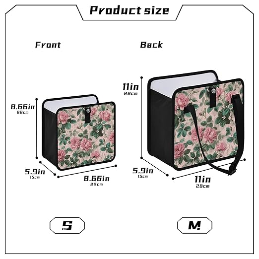 Car Trash Can Organizer Bin with Adjustable Strap for Back Front Seat Console Waterproof Leakproof Collapsible Portable 8.66 Inch Pink Vintage Roses with Leaves