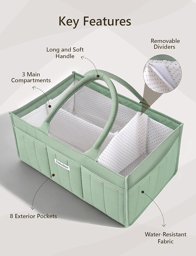 Baby Diaper Caddy Organizer, Portable Nursery Storage Basket for Newborn Essentials, Changing Table & Car Caddy Organizer, Gift for Baby Shower, Registry Must-Have for Boy Girl, Green