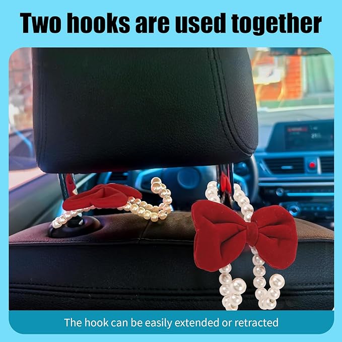 2 PCS Bow Pearl Car Headrest Hooks, Elegant & Cute Seatback Storage Organizers, Durable Alloy Accessories for Hanging Backpacks Umbrellas & Wallets for Girl Women's Vehicles (Red)