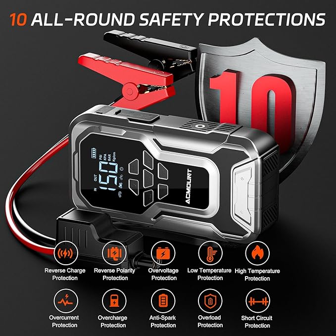 Acmount D18 Jump Starter with Air Compressor, 6000A Car Battery Jumper Starter Portable(All Gas/10.0L Diesel), 150PSI Tire Inflator Air Pump, 12V Jump Pack, Car Emergency Kit, Car Gift for Man