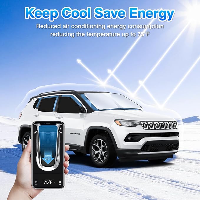 T TGBROS Windshield Sun Shade for Jeep Compass 2017-2020 2021 2022 2023 2024 Car Window Shades Thicken UV Block and Blackout Privacy Foldable Sunshades 8PCS Accessories Keep Cool Sun Visor Covers
