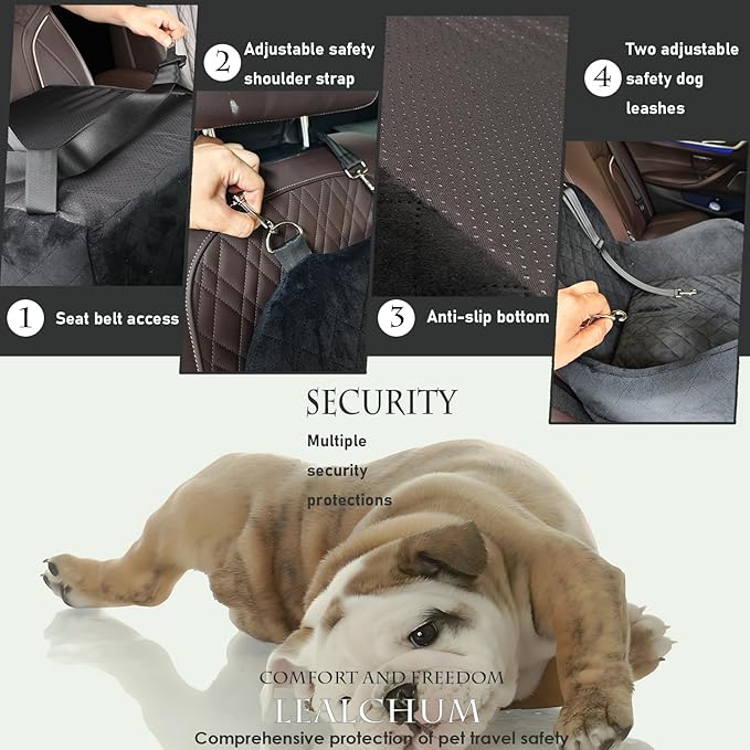 Lealchum Dog Booster Car Seat for S/M Dogs Up to 35lbs,Soft 6in Elevated Cushion,Fits in Front/Back Seat,Fully Detachable and Washable,2 Storage Pockets & 3 Straps,Easy to Install (Black/Brown,Medium)