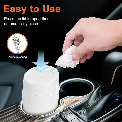 Car Trash Can, 2 Packs Mini Car Trash Bin with Lid, Leakproof Cup Holder Car Garbage Can with 60 Trash Bags, Vehicle Front Back Seat Organizers and Storage for Car, Home, Office, White