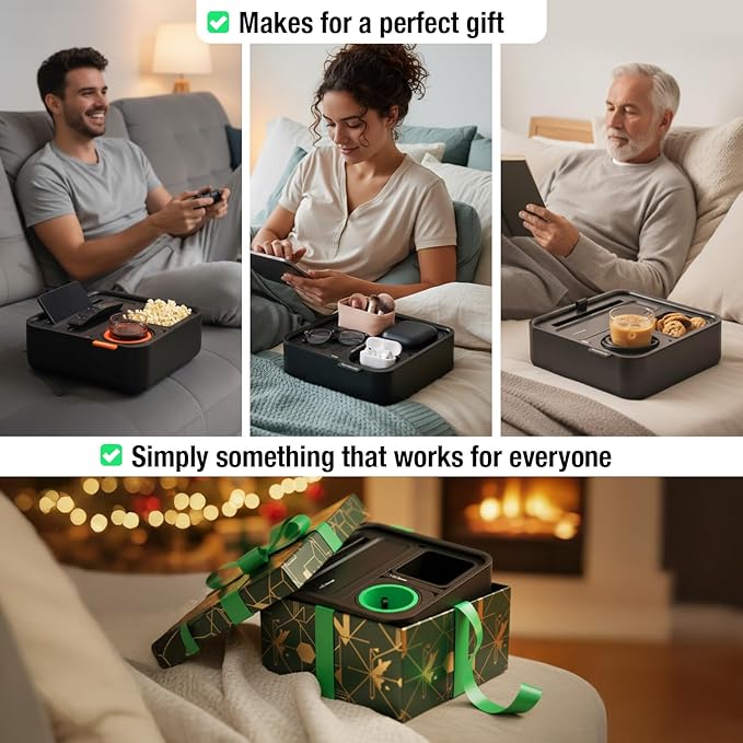 CouchConsole Original Tray - Drinks & Snacks Sofa Caddy with Armrest, Table with Phone Stand- TV Remote Control Storage and Organizer - for Living Rooms, RV, and Cars, Black/Black