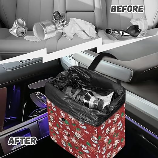 Snowman Snowflake Pattern Garbage Bag and Water Resistant Trash Can for Car, Leakproof Trash Can for SUV Truck Christmas Car Accessories(Red)