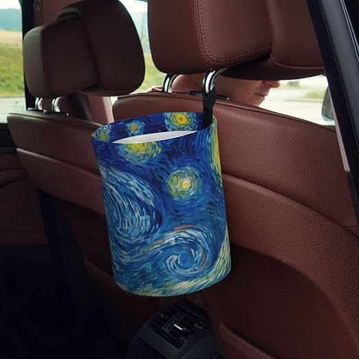 The Starry Night Van Gogh Car Trash Can Leak Proof Hanging Waterproof Garbage Can Multipurpose Trash Bin for Car SUV Front Seat Headrest Collapsible and Portable Storage Pocket