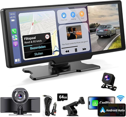 Wireless Portable Carplay Screen for Car - 10.26Inch Carplay & Android Auto Car Touch Stereo, with 4K Dash Cam, Backup Camera,Bluetooth,GPS Navigation