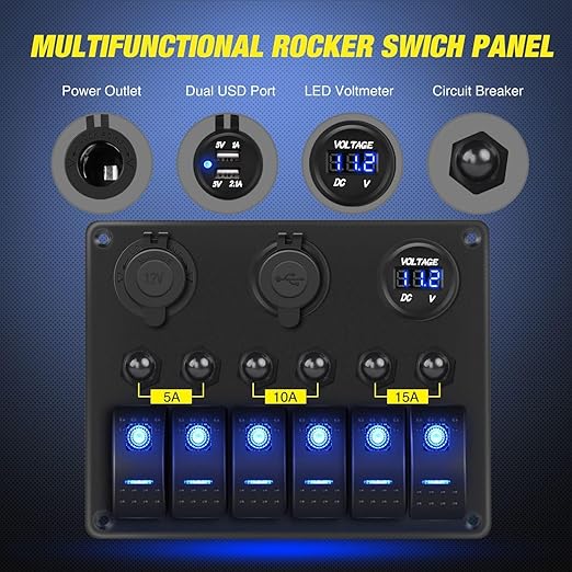 Nilight 6 Gang ON Off Rocker Switch Panel 12V Voltmeter Dual USB Charger Cigarette Lighter Socket For RV Truck Boat , 2 Years Warranty