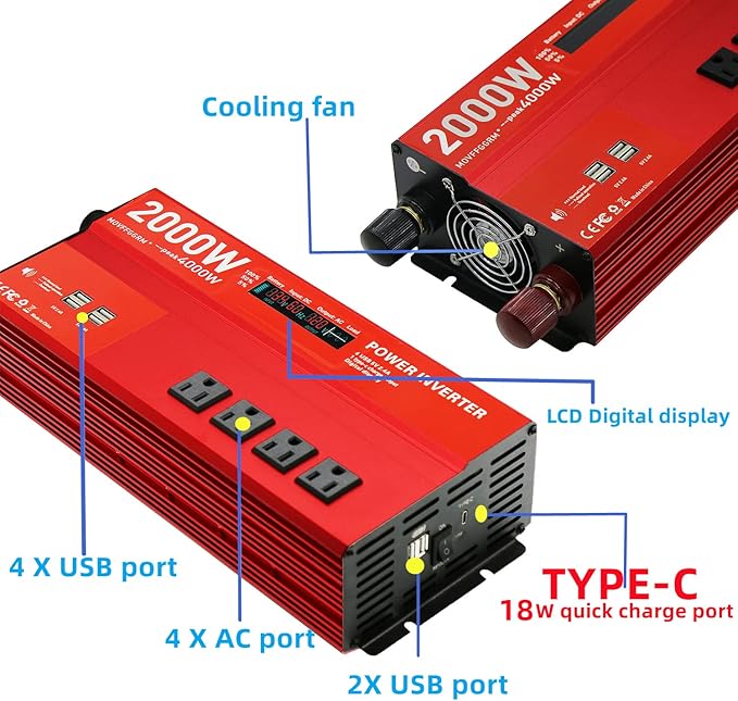 2000W 12V Power inverters for Vehicles,Peak 4000 watt, Car/Truck DC 12V to 110V 4AC Converter, 6 USB 2.4A Ports,with 18W Type-C Quick Charge Port,LCD Digital Display