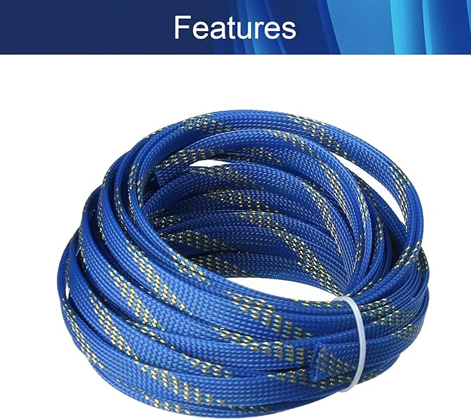 Aicosineg Cable Sleeve Braided Sleeving PET Wire Loom Tubing Cable 32.81ft-2/5inch Wrap Protector for HiFi Audio and Video Headphone Cable Protect Wires from Chewing of Pets Blue and Gold