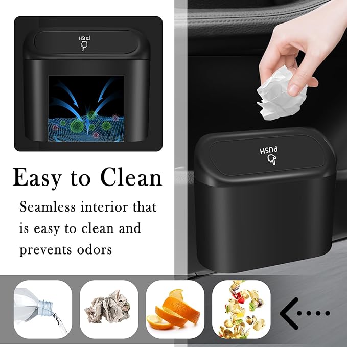 Portable Car Trash Cans with 2 Rolls Garbage Bag,Push-on Car Trash Bin with Lid & Hook for in-Vehicle Waste Disposal,Multipurpose Seat Organizer & Storage for Most Vehicles (Black)