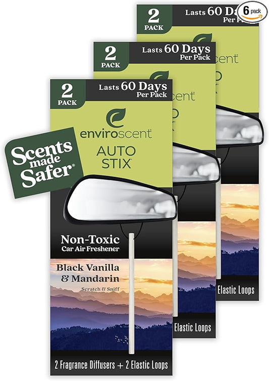 Enviroscent Non-Toxic* Car Air Freshener Auto Stix® - Scents Made Safer - Enjoy Fragrance Lasts Up to 180 Days - Includes Auto Stix® Diffusers & Elastic Loops - Black Vanilla & Mandarin (Pack of 3)
