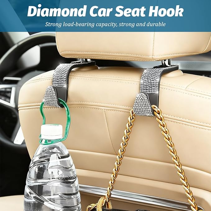 Zpana 4PCS Bling Car Seat Headrest Hooks, Vehicle Back Seat Purse Handbag Hanging Holder with Crystal Rhinestone, Diamond Storage Organizer Hook, Universal Automotive Accessories (Black/White)