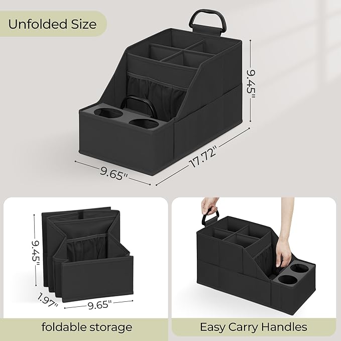 Easi Foldable Car Seat Organizer With 12 Storage Compartments 2 Metal Cup Holders, 2 Pack Back Seat Car Organizer For Car Accessories, Front Seat organizer For SUV Truck Van Sedans, BK