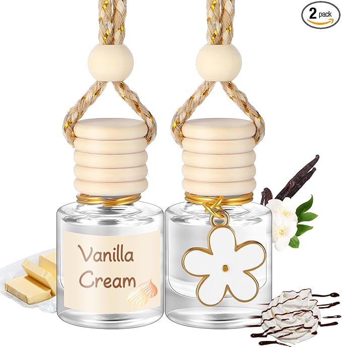 Siifert 2 Sets Hanging Car Air Freshener and Essential Oil Diffuser, Car Air Freshener Daisy Essential Oil Diffuser Long Lasting Automobile Aromatherapy(White,Vanilla Cream)