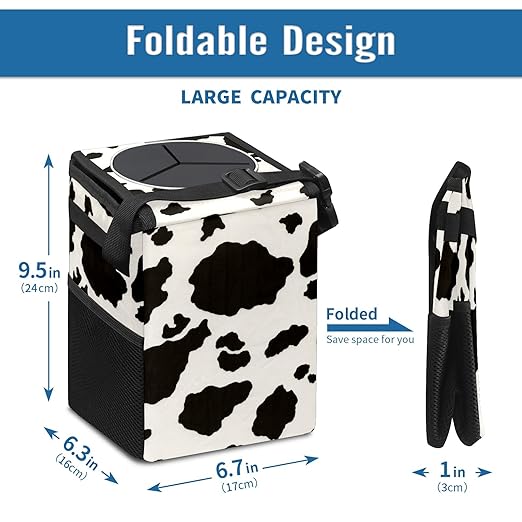 Black White Cow Print Car Trash Can with Lid Collapsible Reusable Waterproof Car Garage Bag,Automotive Garbage Can,Car Accessories Interior Car Organizer