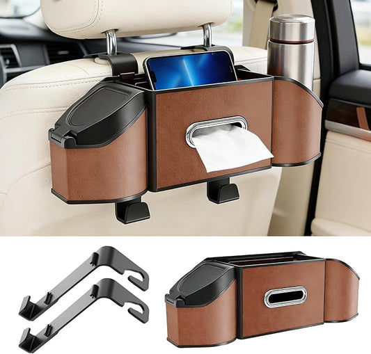 7-in-1 Multifunctional Car Seat Back Organizer, Car Back Seat Storage Box Trash Can & Cup Holder with Tissue Box, Hooks, Universal Fit for Most Cars, SUVs, Trucks (Brown)