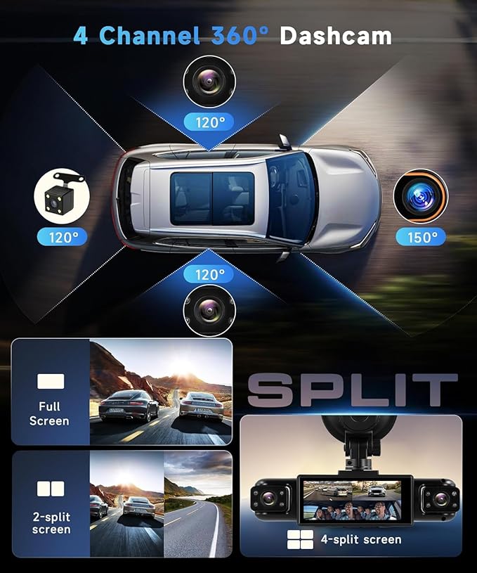 Dash Camera for Car, 360 Degree Dash Cam with 4 Lenses, Front Rear Left Right Recording, HD 2K Car Dashboard Camera with Night Vision, Suction Mount and Rear Camera Included