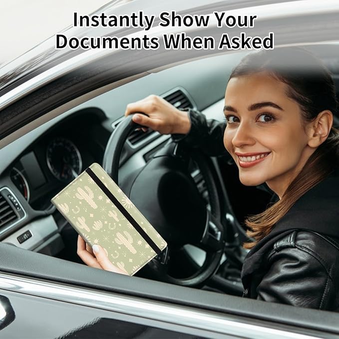 Car Registration and Insurance Card Holder, Vehicle License Documents Glove Box Compartment Organizer Wallet, ID Card Holder for Car Essentials Automobile, Western Boho Cactus