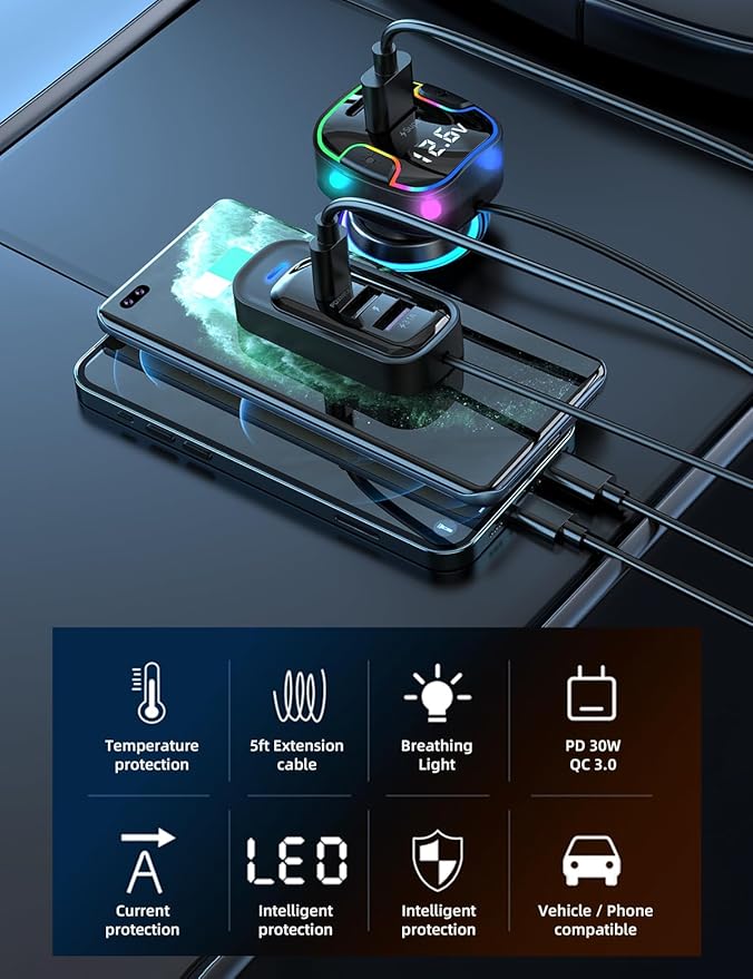 USB C Multi Port Fast Car Charger, PD30W/QC3.0 120W Cigarette Lighter Charger with /5ft Cable Compatible with iPhone 16/15 Pro