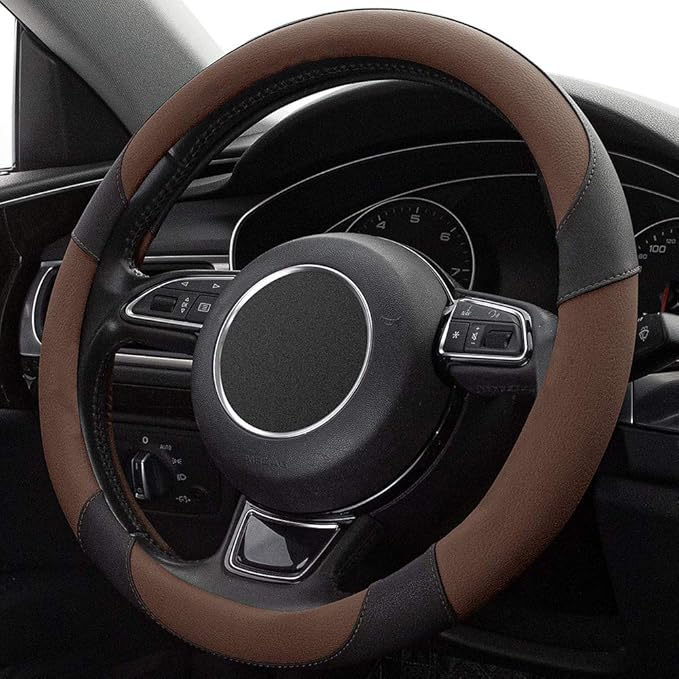 Xizopucy Steering Wheel Covers Black Universal Microfiber Leather, Suitable for 14 1/2-15 inch Car Steering Wheel Cover, Breathable, Anti Slip- Brown