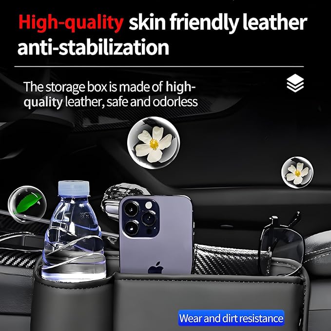 Car Seat Gap Filler Organizer, Universal Premium Leather Seat Organizer with Cup Holder, Seat Gap Storage Box with Bottle Holder, Car Leather Gap Bag Front Center Console Seat (Driver Side)