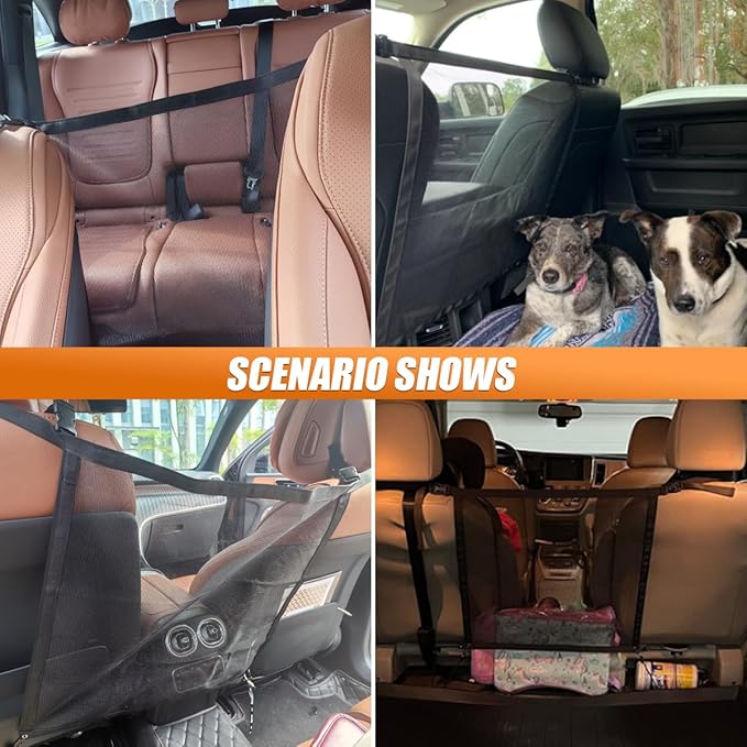 Dog Car Net Barrier, Pet Car Divider Back Seat Barrier Net, Vehicle Divider Mesh Gate on Backseat, Easy to Clean and Install, Adjustable for Universal Car Fit with Stretchy Bungee Cords