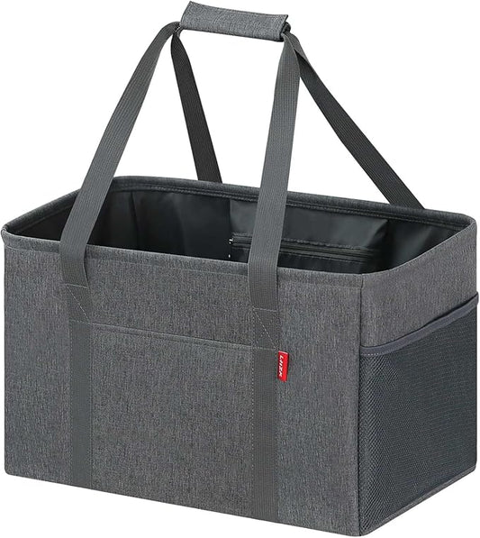 LHZK Standing Utility Tote Bag with Metal Wire Frame and the Sides Rinforced, Large Tote Bag with Handle, Reusable Grocery Bags Foldable, Beach Bag, Car Tote (Grey, 18.5''x11.8''x11.5'')