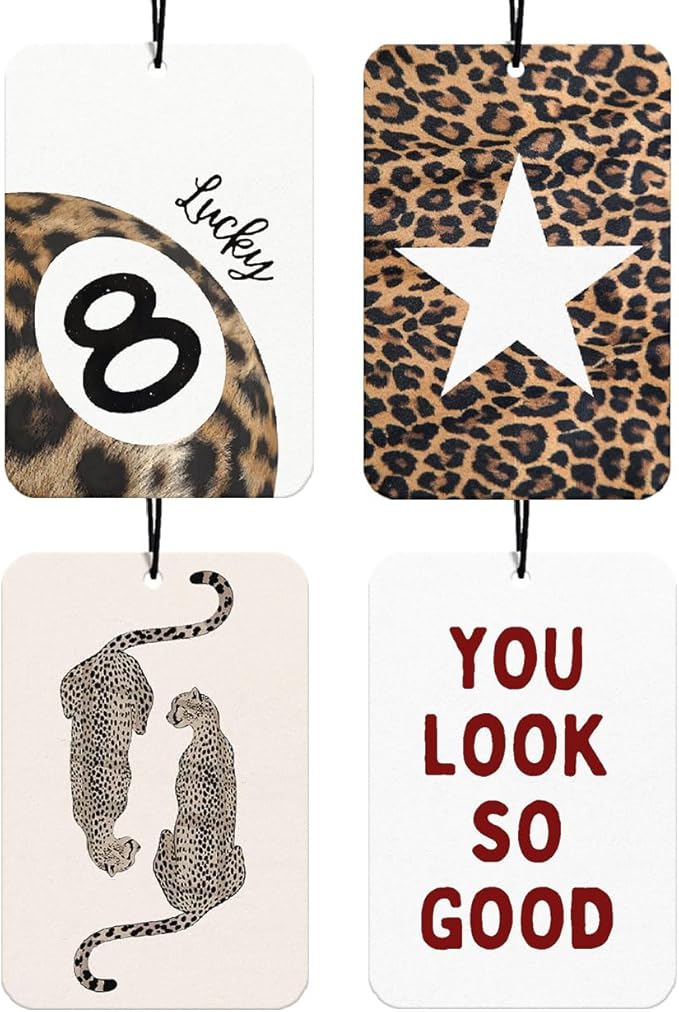 Trendy Retro Leopard Car Air Freshener 4Pcs, Lucky 8 Ball Girly Cheetah Car Accessories for Women, You Look So Good Cute Cheetah Star Mirror Decor Hanging Air Freshener for Cars Closet (Vanilla)