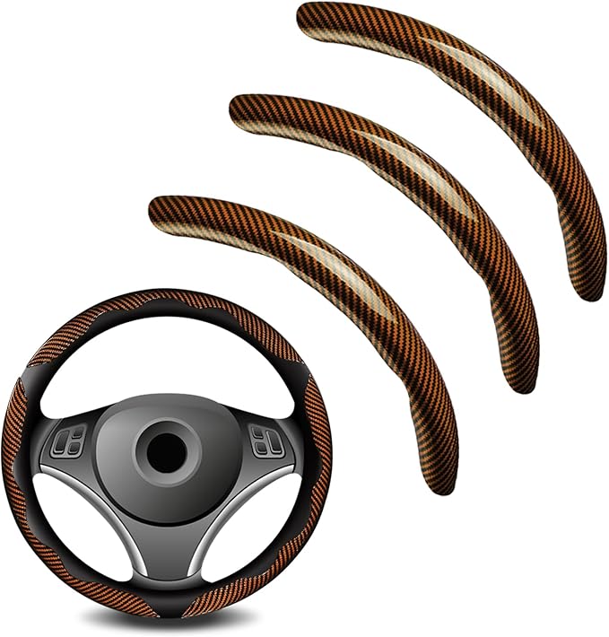 3pcs Universal Carbon Fiber Steering Wheel Cover - Anti-Slip & Segmented Design, Universal 99% Durable Steering Wheel Protector for Men and Women, Car Interior Accessory (Brown)