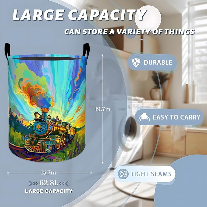 Colorful Retro Steam Train Laundry Basket with Handles, 19.7"x15.7" Clothes Foldable Laundry Hamper Organizer for Dorm Nursery Bedroom Bathroom Decor, Toy Storage Bin for Kids