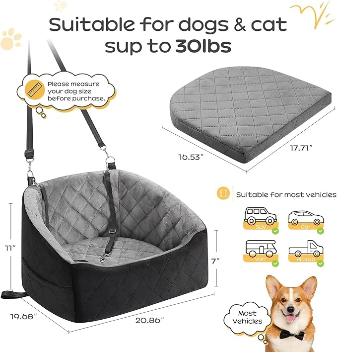 Dog Car Seat for Small Dogs Up to 30 Lbs, Pet Travel Safety Bed for Puppy Cat, Fits in Front/Back Seat, Anti Slip Base, Fully Detachable Washable with 2 Safety Tether(Grey-Black)