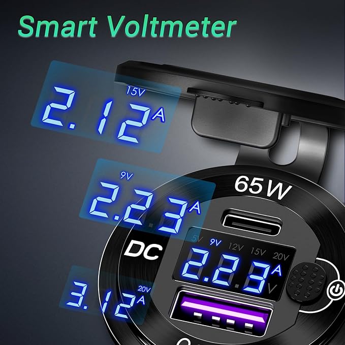 83W 12 Volt USB Outlet Built-in Boost USB C Laptop Car Charger: Ouffun 65W PD3.0 and 18W QC3.0 Car USB Port Aluminum Socket with Button Switch Smart Voltmeter, Suitable for Car RV Marine Golf Cart