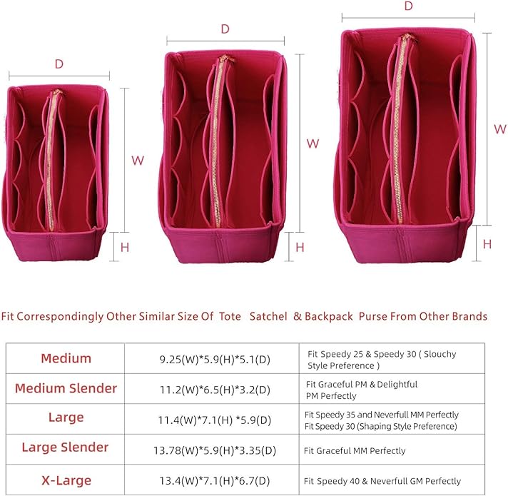 Purse Organizer Insert, Felt Tote Organizer Insert With Metal Zipper, Handbag Organizer For Speedy, Neverfull, Tote, Handbag, 7 Colors 5 Sizes
