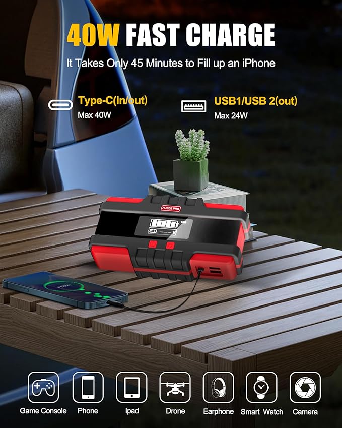 Battery Jumper Starter Portable, 6000A (12V) - Portable Booster Pack with Voltage Detection & Protection for Gas/Diesel (Up to All / 12L)