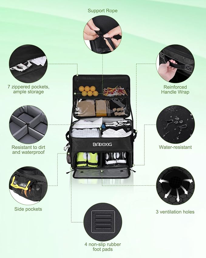Golf Trunk Organizer, Waterproof Car Golf Locker with Separate Ventilated Compartment for 2 Pair Shoes, Golf Storage for Balls, Tees, Cap, Clothes, Gloves, Accessories, Gifts for Men, Women