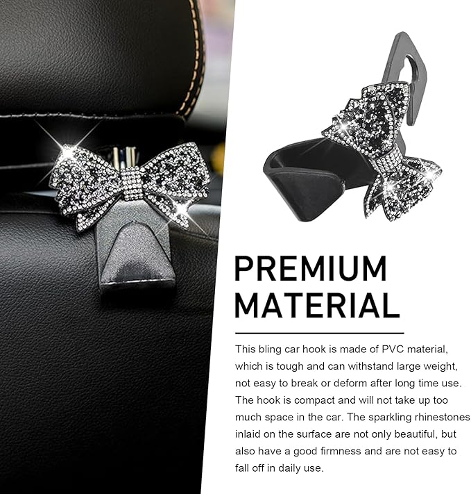 2PCS Bling Car Headrest Hook, Crystal Rhinestone Cute Bow Vehicle Seat Back Hook, PVC Multi-Functional Hook for Handbags Shopping Bags Wallet, Universal for Most Vehicles (Black)