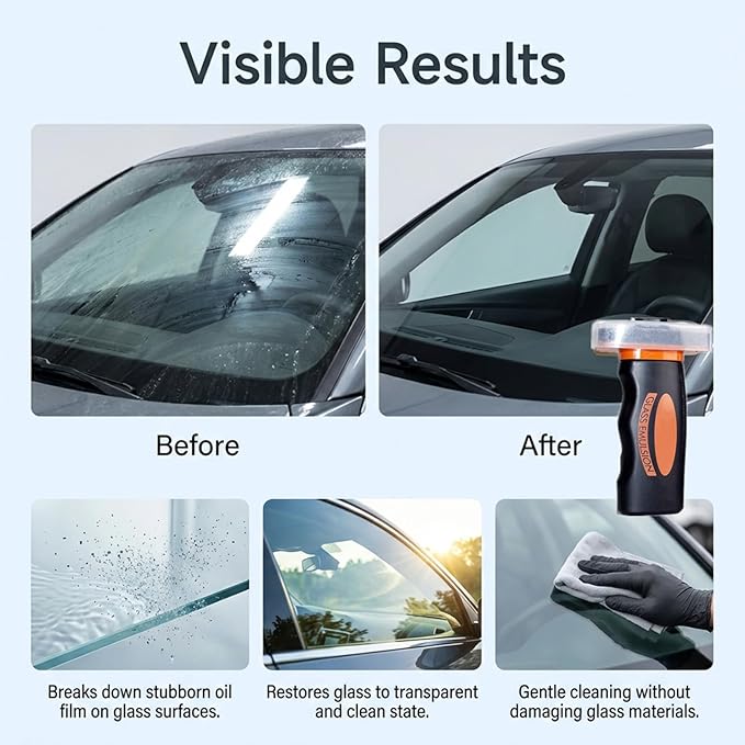 Glass Oil Film Remover for Car,Glass Emulsion Cleaner, Handheld Car Glass Cleaner Oil Film Cleaning Brush，Removes Oil Film & Smudges, Improve Windshield Clarity for Safe Driving（1Pcs）