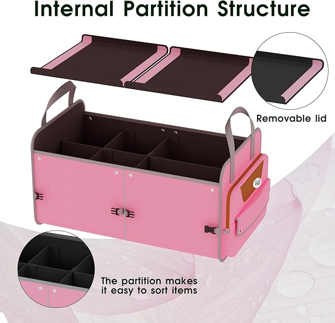 Car Trunk Organizer for SUV, 70L Heavy Duty Waterproof Trunk Organizer, Foldable Vehicle Organizer with Anti-Slip Base, 24”x13.8”x11.8”, Pink-M003