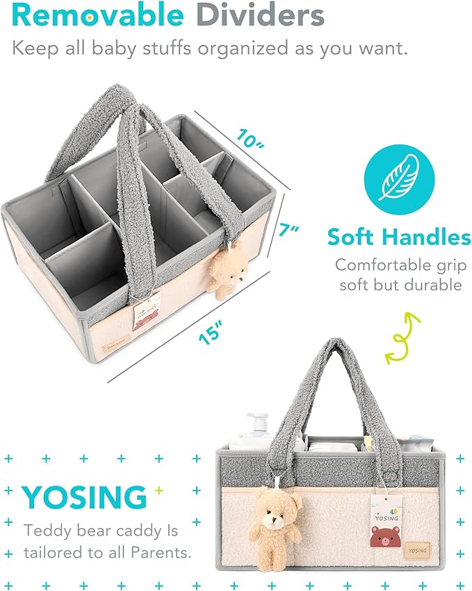 YOSING Diaper Caddy Organizer for Changing Table, Newborn Caddy for Car Travel, Nursery Storage and Car Organizer for Diapers and Baby Wipes, Gray+ White