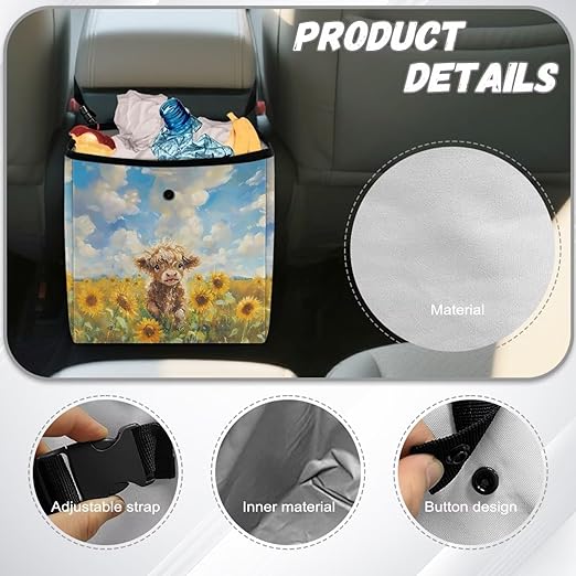 Highland Cattle Sunflower Print Car Trash Can Leakproof Trash Bin Car Garbage Can Hanging Water-Resistant Collapsible Auto Trash Bag Car Accessories for Women Men