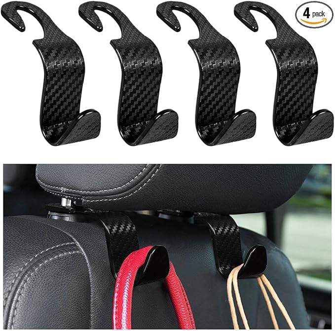 povtii 4PCS Car Seat Headrest Hook, Auto Back Seat Hanging Storage Organizer, Vehicle Seatback Hanger Holder for Purse Handbag Coat Umbrella, Universal Interior Car Accessories (Carbon Fibre Black)
