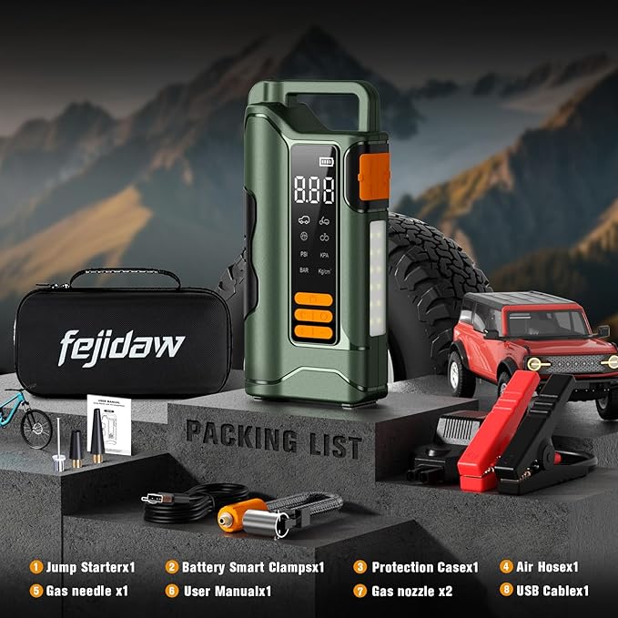 Jump Starter with Air Compressor,5000A Car Battery Jumper Starter, 16000mAh Battery Jumper Starter Portable for 10L Gas/Diesel Engine with 160PSI Booster,LED Display & Light,Jumper Cables