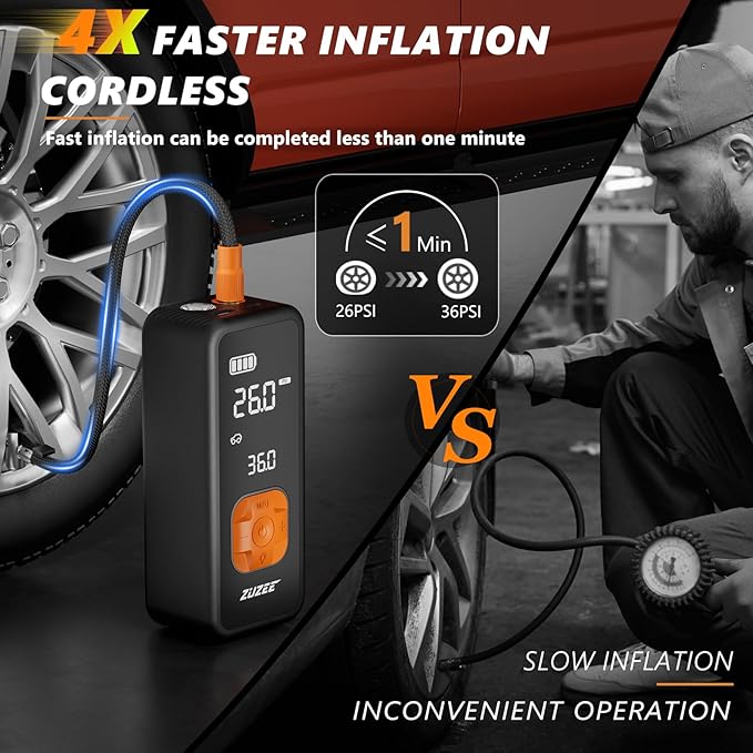 ZUZEE Tire Inflator Portable Air Compressor - 4X Faster Inflation, 150PSI Air Pump for Car Tires with Digital Pressure Gauge/LED Light, Portable Tire Inflator for Car, Moto, Bike, Ball, etc